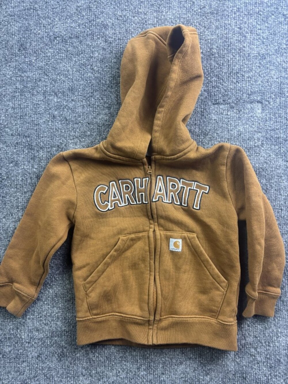 Carhartt Jacket Boys 2T Brown Hooded Fleece Full Zip Logo Pockets Hoodie - Picture 1 of 4